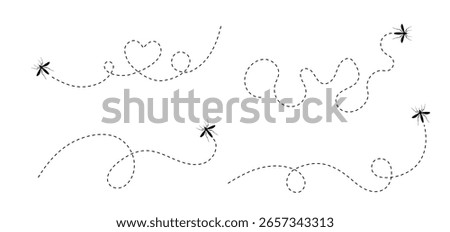 Mosquito flying on dotted route and heart. Bloodsucker insect. Vector illustrations set isolated on white background
