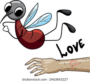 Un mosquito y una mano con una picadura en forma de picadura. Meme del mosquito. Vector. Pegatina para camiseta, taza, mosquito spray