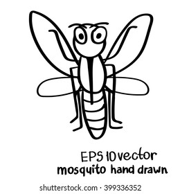 Mosquito hand drawn. Mosquito isolated on white background. Illustration of a cartoon black flying mosquito.