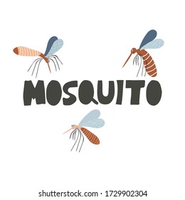mosquito. hand drawn lettering. Vector illustration cartoon flat icon isolated on white. can be used for: Print, banner, label, poster, sticker, logo.