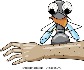 Mosquito and hand, mosquito with a fork, about to eat.Vector. Sticker for T-shirt, mug, mosquito spray