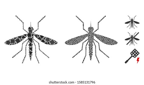 Mosquito icon mosaic of humpy pieces in different sizes and color hues, based on mosquito icon. Vector tuberous pieces are composed into collage. Mosquito icons collage with dotted pattern.