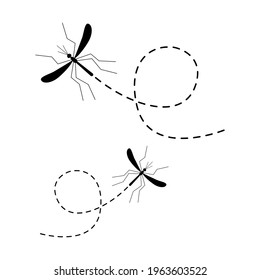 Mosquito Icon. Mosquitoes Flying On A Dotted Route. Vector Illustration Isolated On White Background