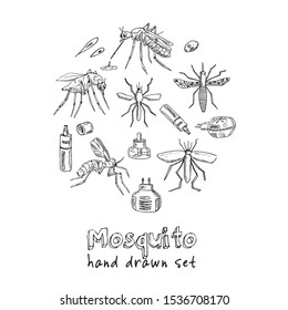 mosquito icon set Hand drawn vector illustration isolated on white background.