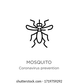 Mosquito icon. Thin linear mosquito outline icon isolated on white background from Coronavirus Prevention collection. Modern line vector sign, symbol, stroke for web and mobile