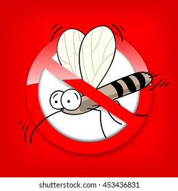 Mosquito icon vector in cartoon style. Flat icon isolated on red background in a red crossed out circle. Forbidden sign. Editable EPS file. Vector illustration.