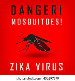 Mosquito icon vector. Icon isolated on red background with inscription - danger mosquitos zika virus. Vector illustration.