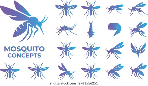 Mosquito icons different types insects pests vector illustration life cycle stages mosquito biting.