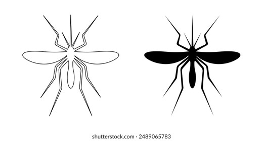 Iconos de mosquitos aislados sobre fondo blanco. Grandes siluetas. Insectos voladores venenosos. Concepto de malaria, dengue o virus zika. Ilustración gráfica Vector.