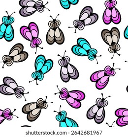 Mosquito insect cartoon illustration vector seamless pattern.  Baby cloth textile print. Dragonfly abstract repeating summer pattern. Children drawing simple design.