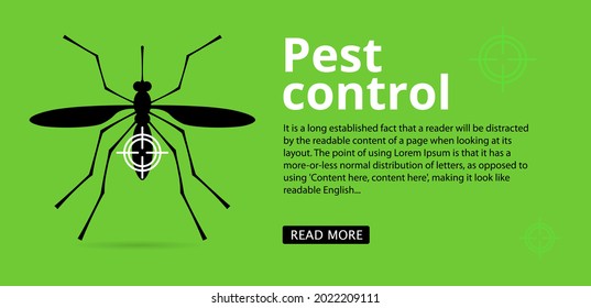 Moskito und Insekten kontrollieren Web-Banner mit Textraum. Moskito-Silhouette auf grünem Hintergrund. Kontrolle, Verarbeitung der Räumlichkeiten 