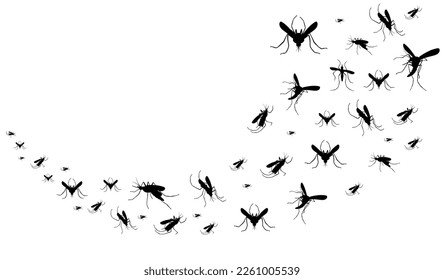 Mosquito insects fly, bugs silhouette. Black sketch of gnat, group of pests, zika or animal malaria epidemic. Bloodsucker control with repellent spray. Vector cartoon isolated illustration