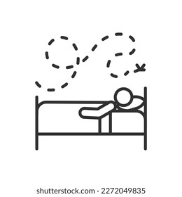 Mosquito keeps awake, linear icon, man on bed and mosquito flying. Line with editable stroke