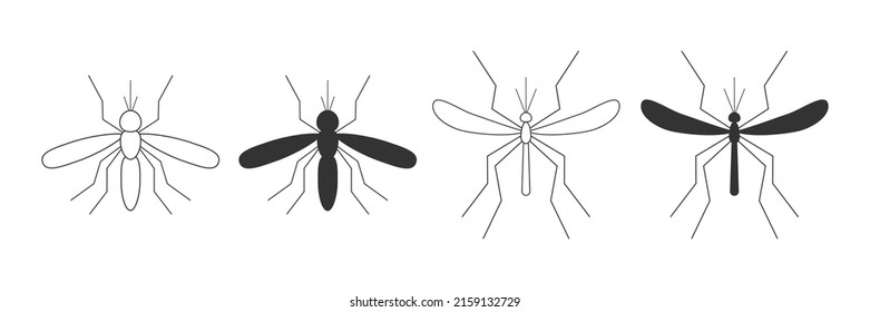 Mosquito malaria set. Line flying mosquitoes insects collection. Vector illustration isolated on white.