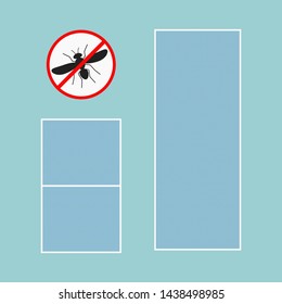 Mosquito net with frame for pvc windows icon and symbol. Anti pest insect netting defence. Simple and anti mosquito sign isolated on blue background. Vector illustration in flat cartoon style.
