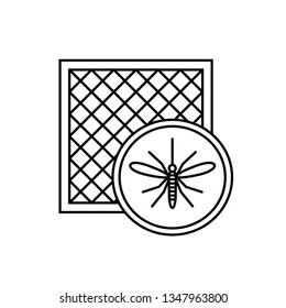 Mosquito net icon with window and mosquito silhouette. Anti pest insect netting defence. Adjustable stroke outline width.