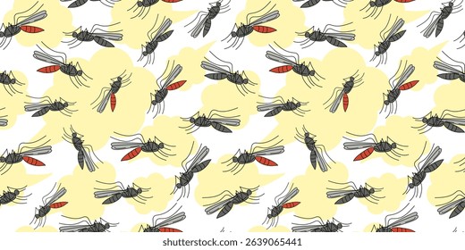 Mosquito pattern, insects, bugs. Extermination, insect repellent spray. Hand drawn illustration, doodle. Malaria prevention concept, hygiene, health. Seamless background.