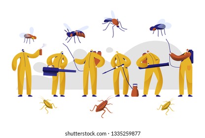 Mosquito Pest Control Professional Character Set. Men in Uniform Fight with Insect with Chemical Insecticide Fogging Spray. Cockroach Toxic Protection Fumigation Flat Cartoon Vector Illustration