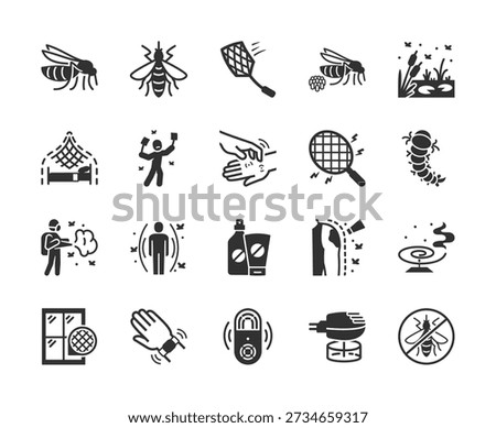 Mosquito protection and insect control, monochrome icons set. Mosquito repellent methods, insect bite prevention, personal safety, anti mosquito devices. Black and white symbols style.
