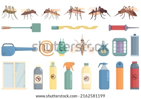 Mosquito protective icons set cartoon vector. Aerosol bite. Repellent insect