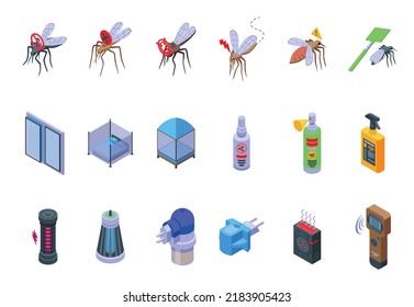 Mosquito protective icons set isometric vector. Aerosol bite. Insect repellent