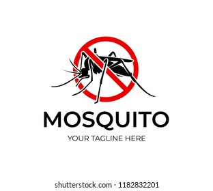Mosquito in red circle with ban, logo design. Insect bloodsucking, nature and wildlife, vector design