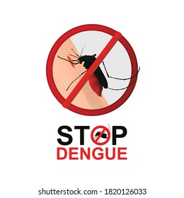 Mosquito in red stop sign. Stop dengue word is a warning. Anti mosquitoes. Mosquitoes carry many disease such as dengue fever, malaria, zika and else. Illustration vector.