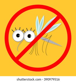 Mosquito. Red stop sign icon. Cute cartoon funny character. Insect collection.  Yellow background. Flat design. Vector illustration