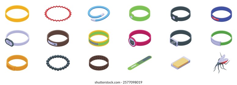  Mosquito repellent bracelet icons set. Different types of repellent bracelets protecting from insects and mosquitoes bites during summer holidays and outdoor activities