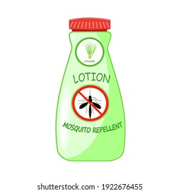 Mosquito repellent lotion isolated on white background. Plastic bottle with citronella and stop sign. Outdoor protection, repelling flying insects. Mosquito repellent cream. Stock vector illustration