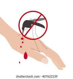 Mosquito in a  round stop sign bites woman's hand isolated on white. Blood is running. Vector illustration