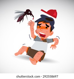 mosquito y niño asustado con efecto dengue. concepto de fiebre del dengue - Ilustración vectorial
