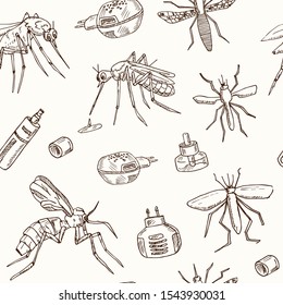 Mosquito seamless pattern Hand drawn vector illustration isolated on white background.
