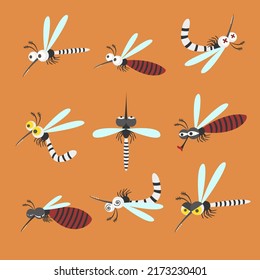 mosquito set collection isolated on orange background. dengue fever carrier concept