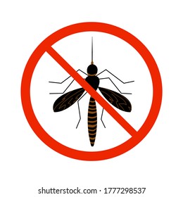Mosquito sign isolated on white background. Black ant silhouette crossed in red circle. Pest control sign for insecticide. Symbol for informational and institutional sanitation and related care.Vector