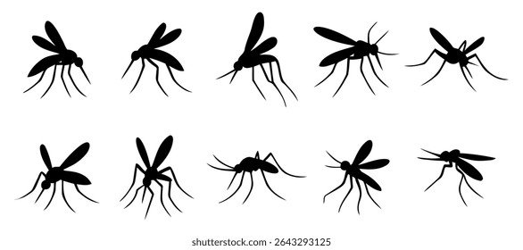 Conjunto de silhueta de mosquito. Ícone do Aedes aegypti. Vetor do dia mundial do mosquito.