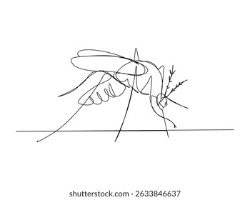 Mosquito single outline illustration. Continuous line art drawing of flying mosquito. Editable stroke.