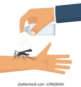 Mosquito spray in hand human. Man spraying insect repellents on skin outdoor. Spray bottle in arm. Pest control. Vector illustration flat design. Isolated on white background. Mosquito protection.
