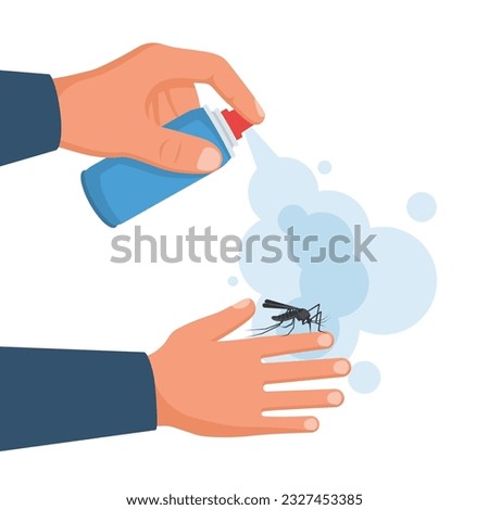 Mosquito spray in hand human. Man spraying insect repellents on skin outdoor. Spray bottle in arm. Pest control. Vector illustration flat design. Isolated on white background. Mosquito protection.