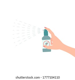 Mosquito spray. A hand presses the dispenser on a bottle of mosquito repellent. Vector illustration, flat cartoon color design, isolated on white background, eps 10.