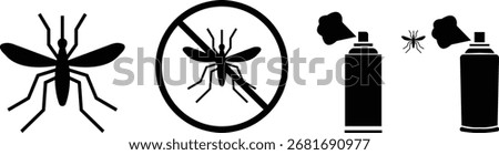 Mosquito with Spray Icon Set, Insect Control, Repellent, Pest Protection, Health, Safety, Bug Spray, Malaria Prevention, and Hygiene Symbols in Modern Vector Style, Malaria Danger Warning Signal
