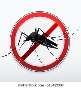 Mosquito stylized silhouette as red danger stop sign. Vector.