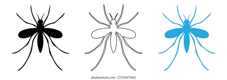 Mosquito vector graphics in black, white, and blue,Mosquito icon. Black gnat silhouette. Mosquito icons isolated on white background. Mosquito icon. web vector design