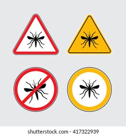 Mosquito vector icons set black flat silhouettes on a white background, Mosquito danger signs, Mosquito in circle and triangle flat icons