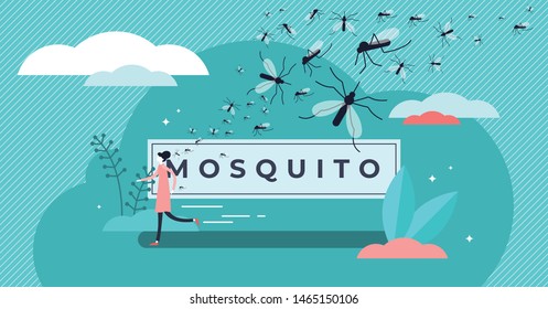 Mosquito Vector Illustration. Flat Tiny Insects Bite Prevention Persons Concept. Wildlife Epidemic Gnat, Fly Or Termite Control With Runaway. Abstract Annoying Tropical Problem Banner And Word Text.