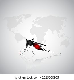 Vector de mosquitos con mapa mundial Antecedentes, Día Mundial del Mosquito, Día de la Malaria, fiebre del dengue.