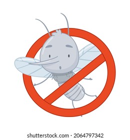 Mosquito warning prohibition sign with cute funny insect cartoon vector illustration
