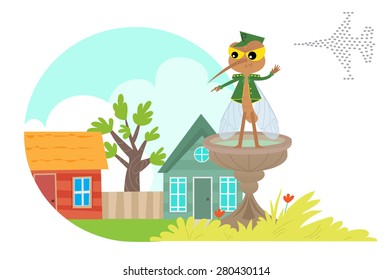 Mosquitoes Attack Neighborhood - Mosquito is pointing with his finger toward a neighborhood, when behind him army of mosquitoes is ready to attack. Eps10