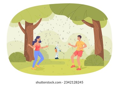 Mosquitoes attacking scared people vector illustration. Tourists suffering from contagious insect bites and skin illnesses, man in protective suit spraying grass. Malaria, summer, nature concept