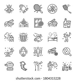 Mosquitoes, icon set. Mosquito repellent, protection, linear icons. bracelet, refills, spray, cream, mosquito net. Line with editable stroke